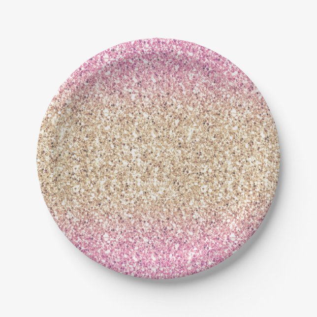 Pink and Gold Glitter Ombre Kids Birthday Party Paper Plate (Front)