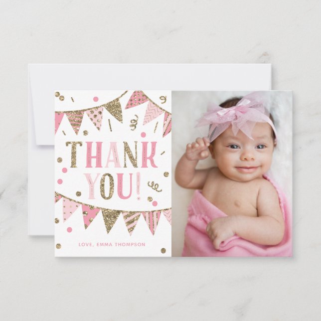 Pink and Gold Glitter Photo Birthday Thank You Card (Front)