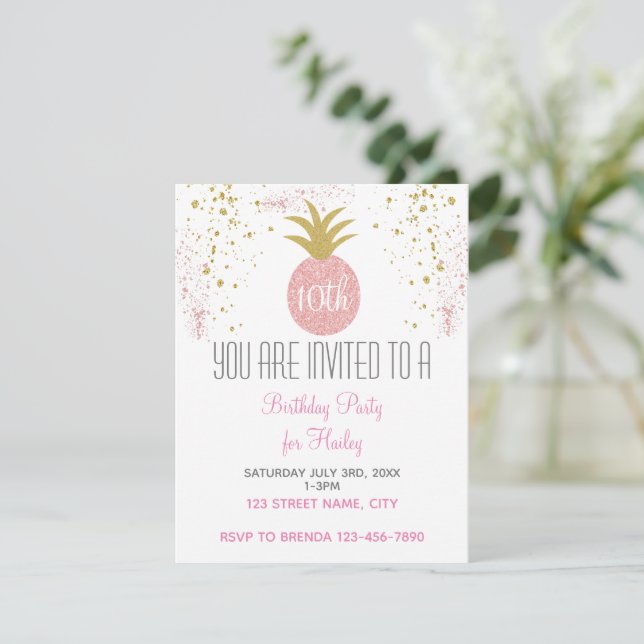 Pink and Gold Glitter Pineapple Party Invitation (Standing Front)