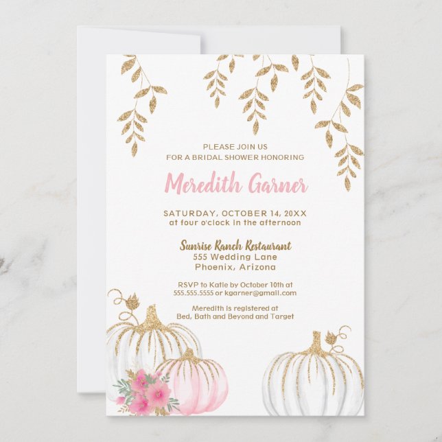 Pink and Gold Glitter Pumpkin Fall Bridal Shower Invitation (Front)
