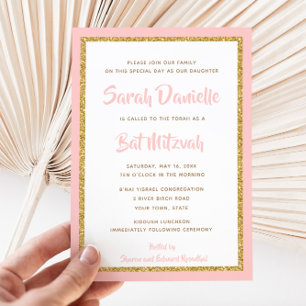 Pink and Gold Glitter Rectangle Bat Mitzvah Invitation