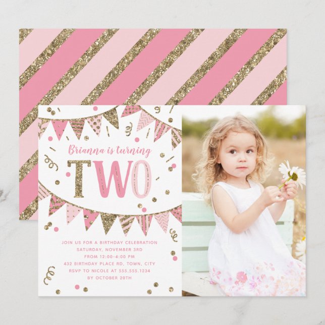 Pink and Gold Glitter Second Birthday Party Photo Invitation (Front/Back)