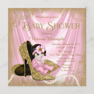 Pink and Gold Glitter Shoe Pearl Baby Shower Invitation