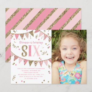 Pink and Gold Glitter Sixth Birthday Party Photo Invitation