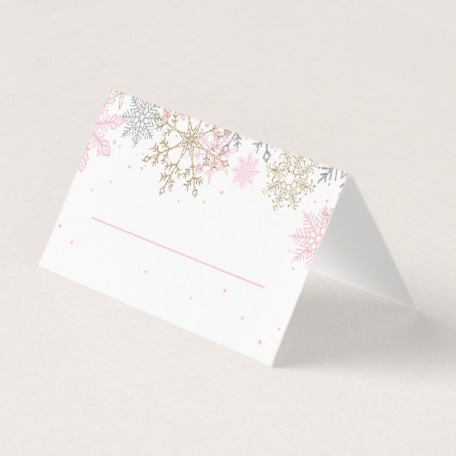 Pink and Gold Glitter Snowflake Place Cards (Front)