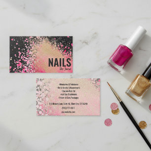 Pink and Gold Glitter Splatter Nail salon Business Card
