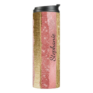 Pink and Gold Glitter Stripes Thermal Tumbler