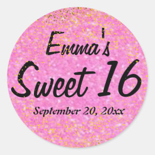 Pink and Gold Glitter Sweet 16 Personalised Classic Round Sticker