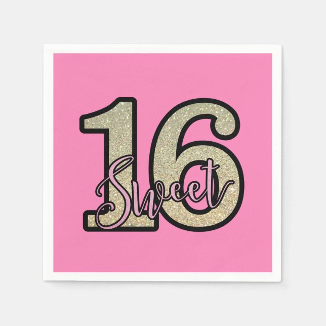Pink and Gold Glitter Sweet 16th Birthday  Napkin (Front)