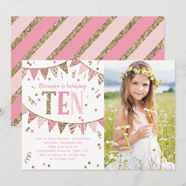 Pink and Gold Glitter Tenth Birthday Party Photo Invitation (Front/Back)