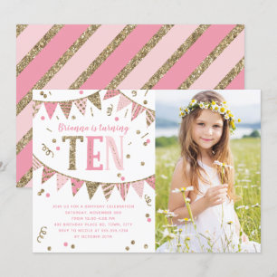 Pink and Gold Glitter Tenth Birthday Party Photo Invitation