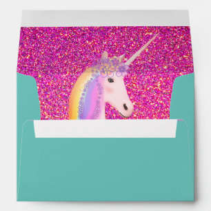 Pink and Gold Glitter Unicorn Teal Birthday Party Envelope