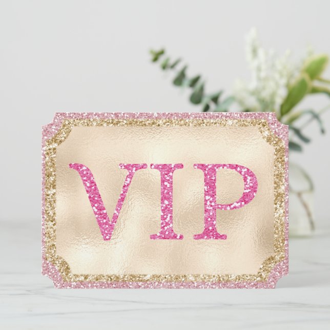 Pink and Gold Glitter VIP Event Ticket Invitation (Standing Front)