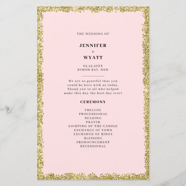 Pink and Gold Glitter Wedding Program (Front)
