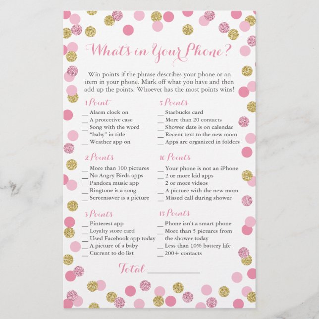 Pink and Gold Glitter What's in Your Phone Game (Front)