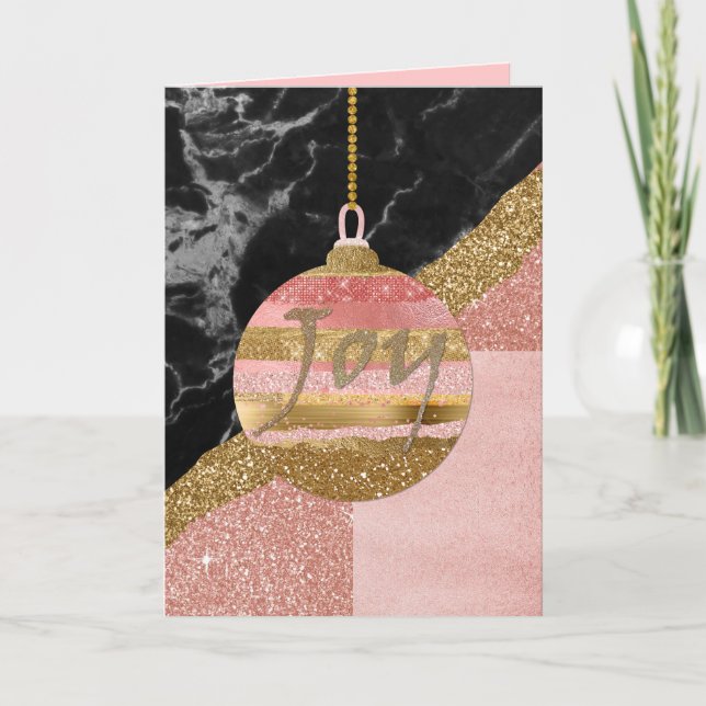 Pink and Gold Glittery Ornament Christmas Card (Front)