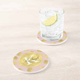 Pink and Gold Glitz Dots Monogram Coaster
