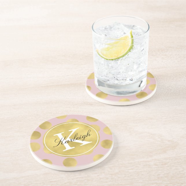 Pink and Gold Glitz Dots Monogram Coaster (Side)