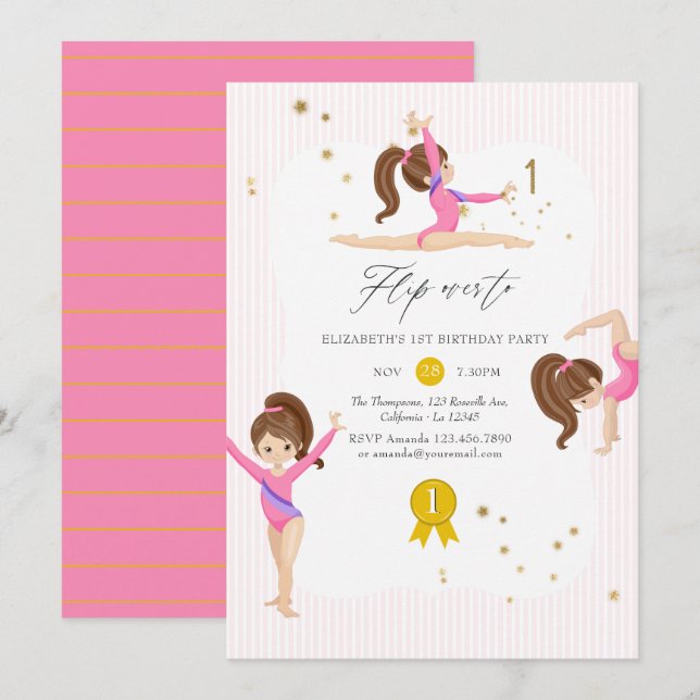 Pink and Gold Gymnastics 1st Birthday Party Invitation (Front/Back)