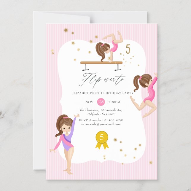Pink and Gold Gymnastics 5th Birthday Party Magnetic Invitation (Front)