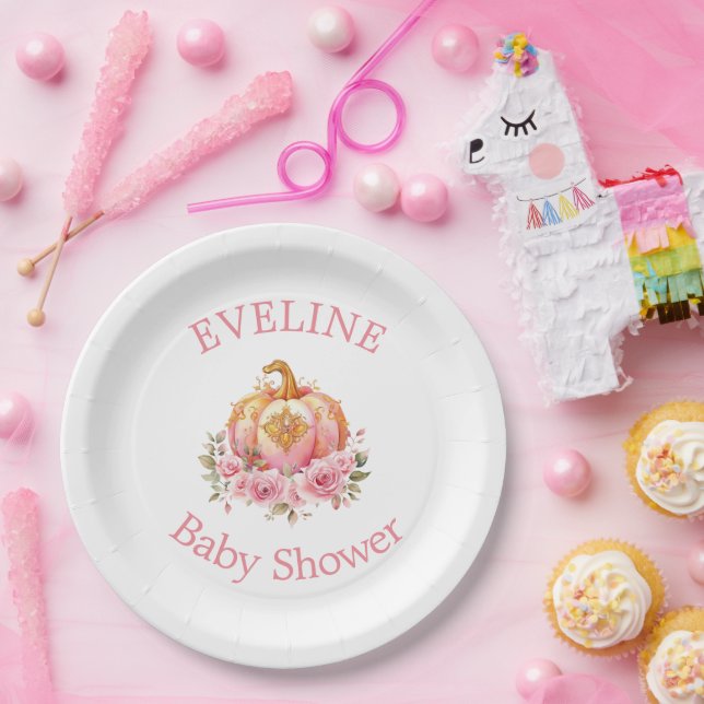 Pink and Gold Halloween Little Pumpkin Baby Shower Paper Plate (Party)