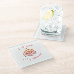 Pink and Gold Halloween Pumpkin Little Baby Shower Glass Coaster