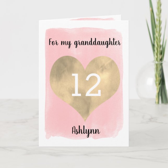 Pink and Gold Happy 12th Birthday Granddaughter Card (Front)
