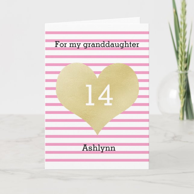 Pink and Gold Happy 14th Birthday Granddaughter Card (Front)