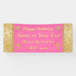Pink and Gold Happy Birthday Banner, Christian Banner