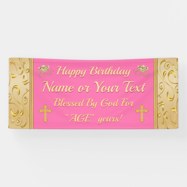 Pink and Gold Happy Birthday Banner, Christian Banner (Horizontal)