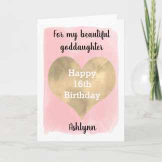Pink and Gold Heart 16th Birthday Goddaughter Card