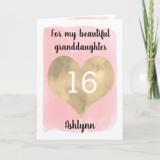 Pink and Gold Heart 16th Birthday Granddaughter Card