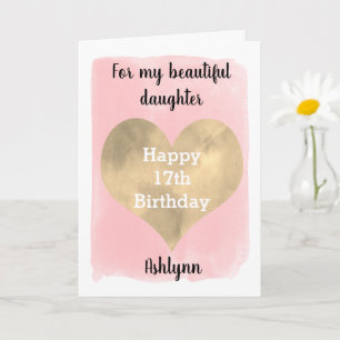 Pink and Gold Heart 17th Birthday Daughter Card