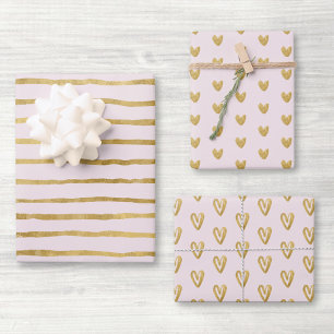 Pink and Gold Hearts and Lines Wrapping Paper Sheet