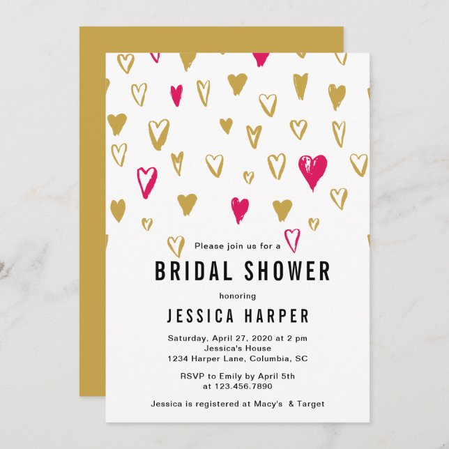 Pink and Gold Hearts Bridal Shower Invitation (Front/Back)