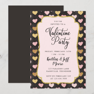 Pink and Gold Hearts Valentine Party Invitation