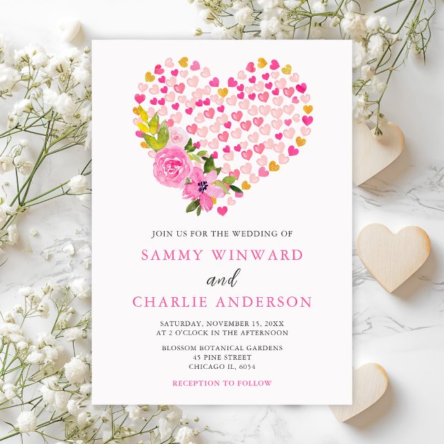 Pink and Gold Hearts Valentine Wedding Invitation (Creator Uploaded)