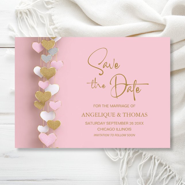 Pink and Gold Hearts Wedding Save the Date (Creator Uploaded)