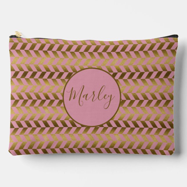 Pink and Gold Herringbone Personalised Makeup Bag (Front)