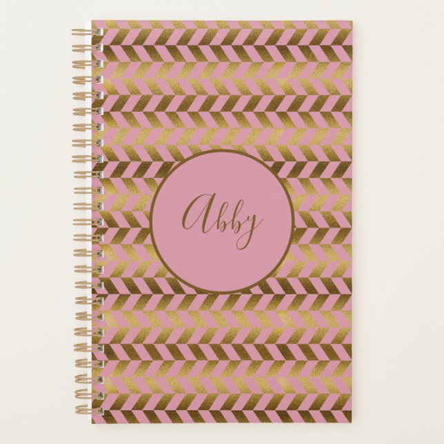 Pink and Gold Herringbone Personalised Planner (Front)