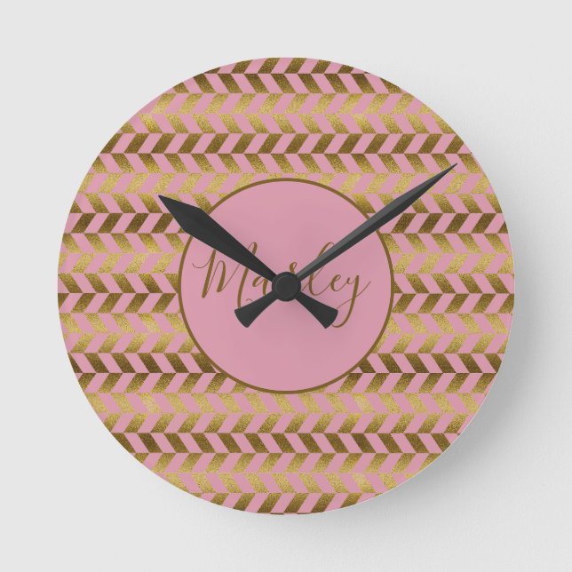 Pink and Gold Herringbone Personalised Round Clock (Front)