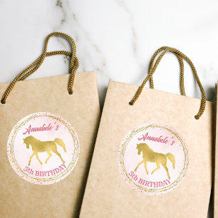 Pink and gold horse birthday party classic round sticker