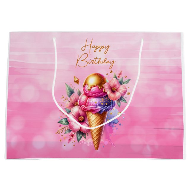 Pink and Gold Ice Cream Golden Birthday Large Gift Bag (Front)