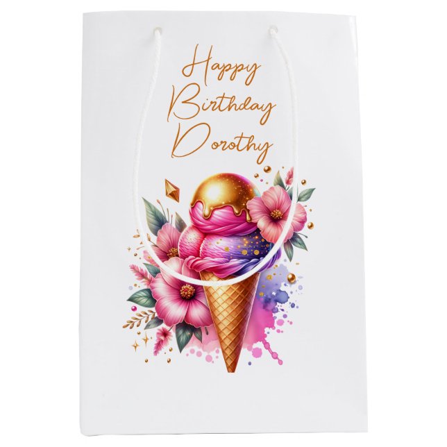 Pink and Gold Ice Cream Golden Birthday Medium Gift Bag (Front)
