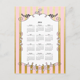 Pink and Gold Illustrated Border 2016 Calendar Postcard
