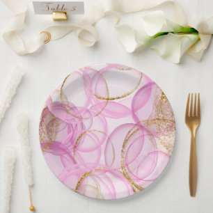 Pink and Gold Ink Circle Pattern Paper Plate