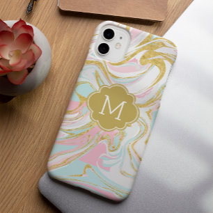 Pink and Gold Ink Marble Monogram iPhone 15 Pro Max Case