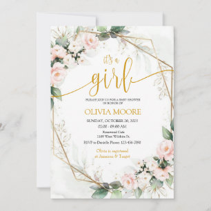 Pink and Gold Its A Girl Floral Baby Shower  Invitation