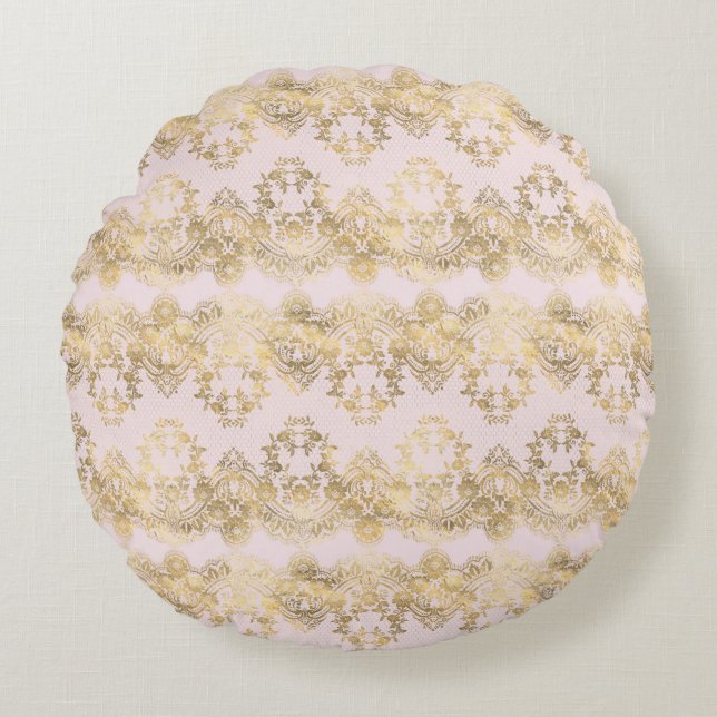 Pink and Gold Lace Round Cushion (Front)