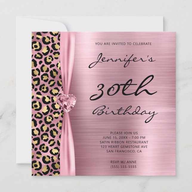 Pink and Gold Leopard Foil Gem Heart 30th Birthday Invitation (Front)